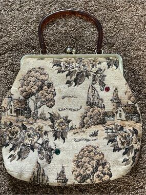 Vintage 1950s Scenic Tapestry Handbag Faux Tortoiseshell Handle Rhinestone Purse